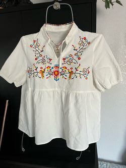 White Embroidered Peasant Blouse