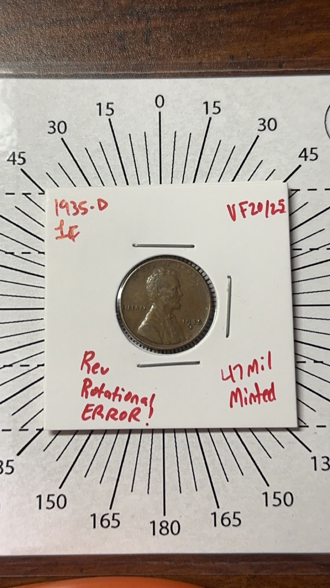 1935-D ERROR Rotational Wheat Cent VF25!