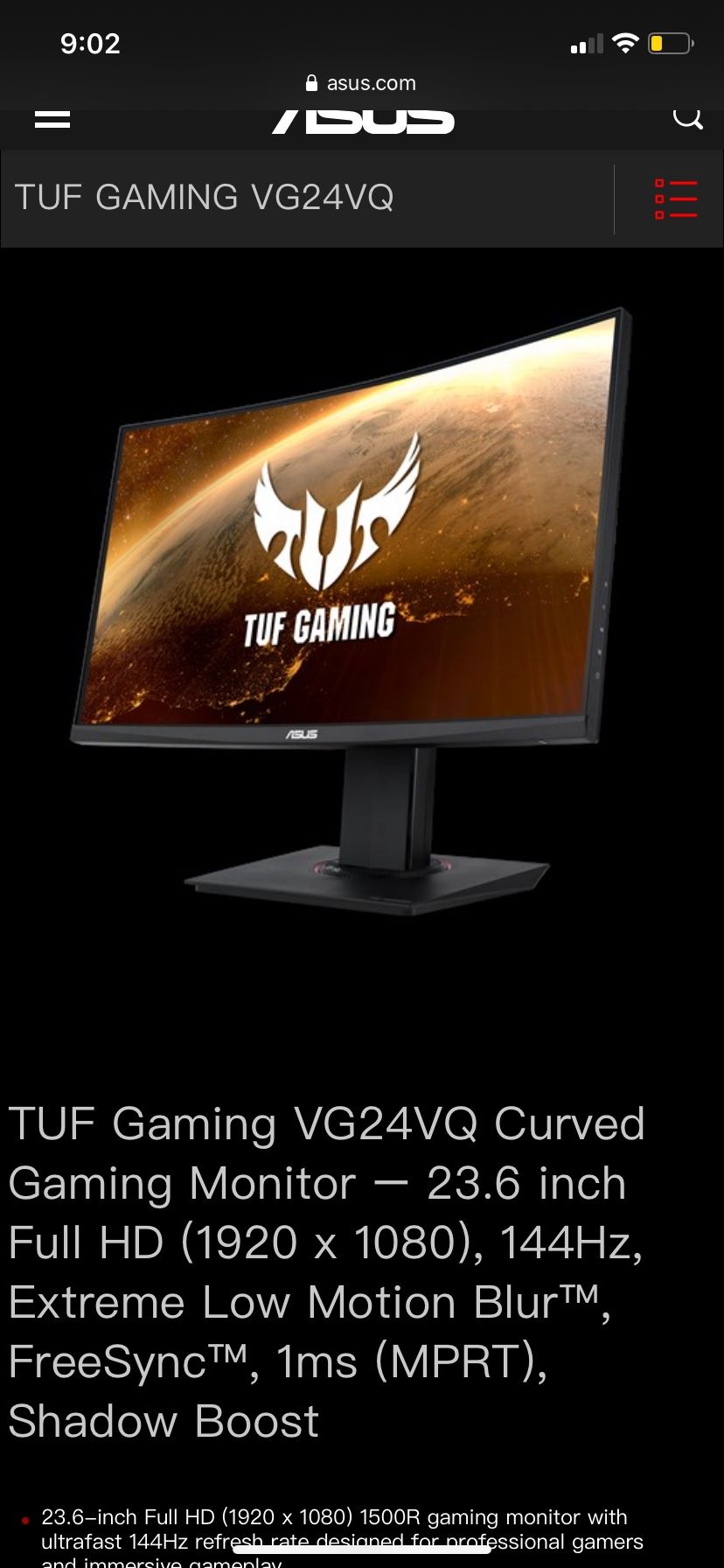 ASUS TUF Gaming 23.6” Curved Monitor 144Hz