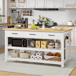 60" Solid Rubberwood Kitchen Island with Power Outlets - Extra Large Work Surface, 3 Drawers & 2 Ope