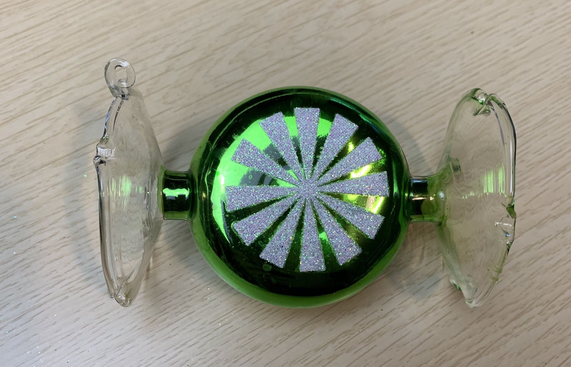 6 Green Glass Candy Wrapped Ornaments