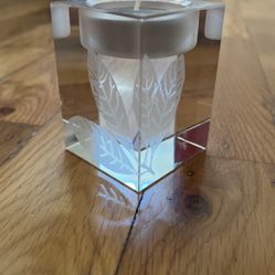 Crystal Votive Candle Holder Etched Leaves Signed Oleg Cassini