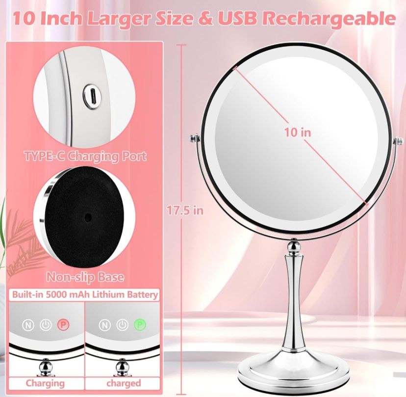 10" Large Makeup Mirror with Lights, 1X/10X