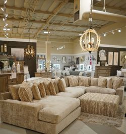 Large Beige Velvet Sectional Sofa with Ottoman