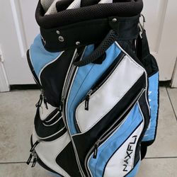 Maxfly Golf Cart Bag 14-Way Divider multiple pockets including cool pocket all zippers work in good pre-owned condition with some wear and dirty areas