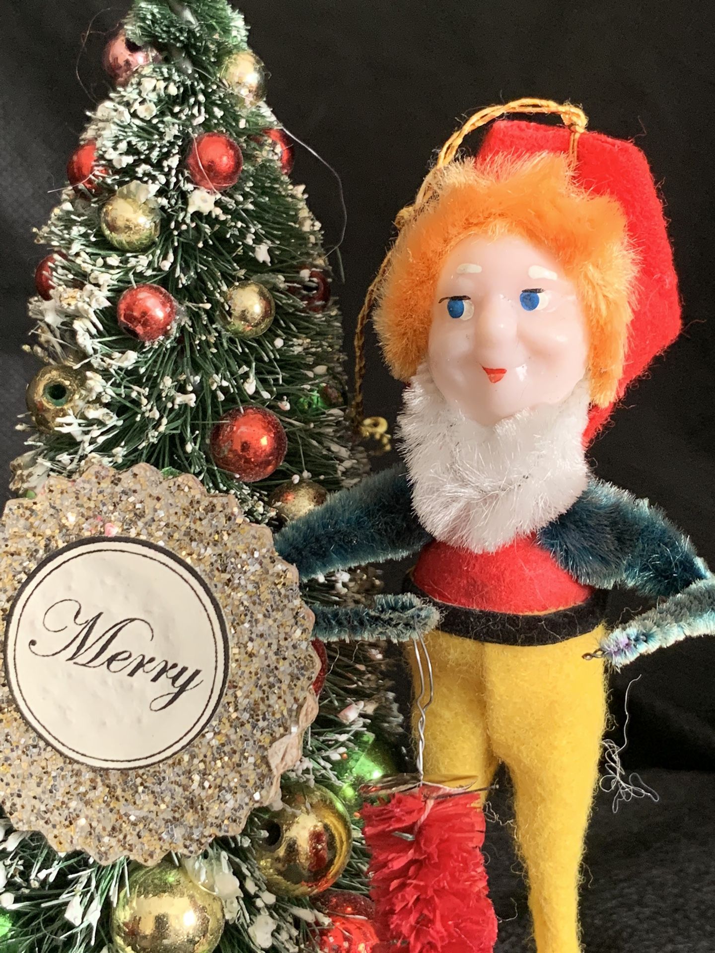 Vintage Chenille Elf Gnome Christmas Ornament Figure Japan