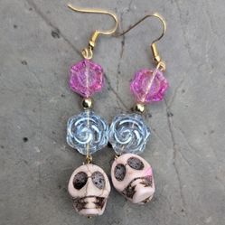 Pink and Blue Flower And Skull Drop Earrings 18k Gold Plated Posts 