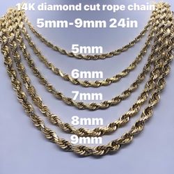 14K diamond cut rope chain. 5mm-9mm 24in . brand new in stock.