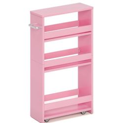 MARTY Pink Slim Storage Cart, 4-Tier Rolling Bookshelf Kitchen Cart with Wheels, Laundry Room Organization with Handle Slide Out Utility Cart Shelving