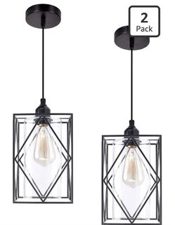 Farmhouse Pendant Light Fixtures, Set of 2 Black Farmhouse Hanging Chandelier Lights with Glass Shade, Mini Industrial Ceiling Lamp for Kitchen Island