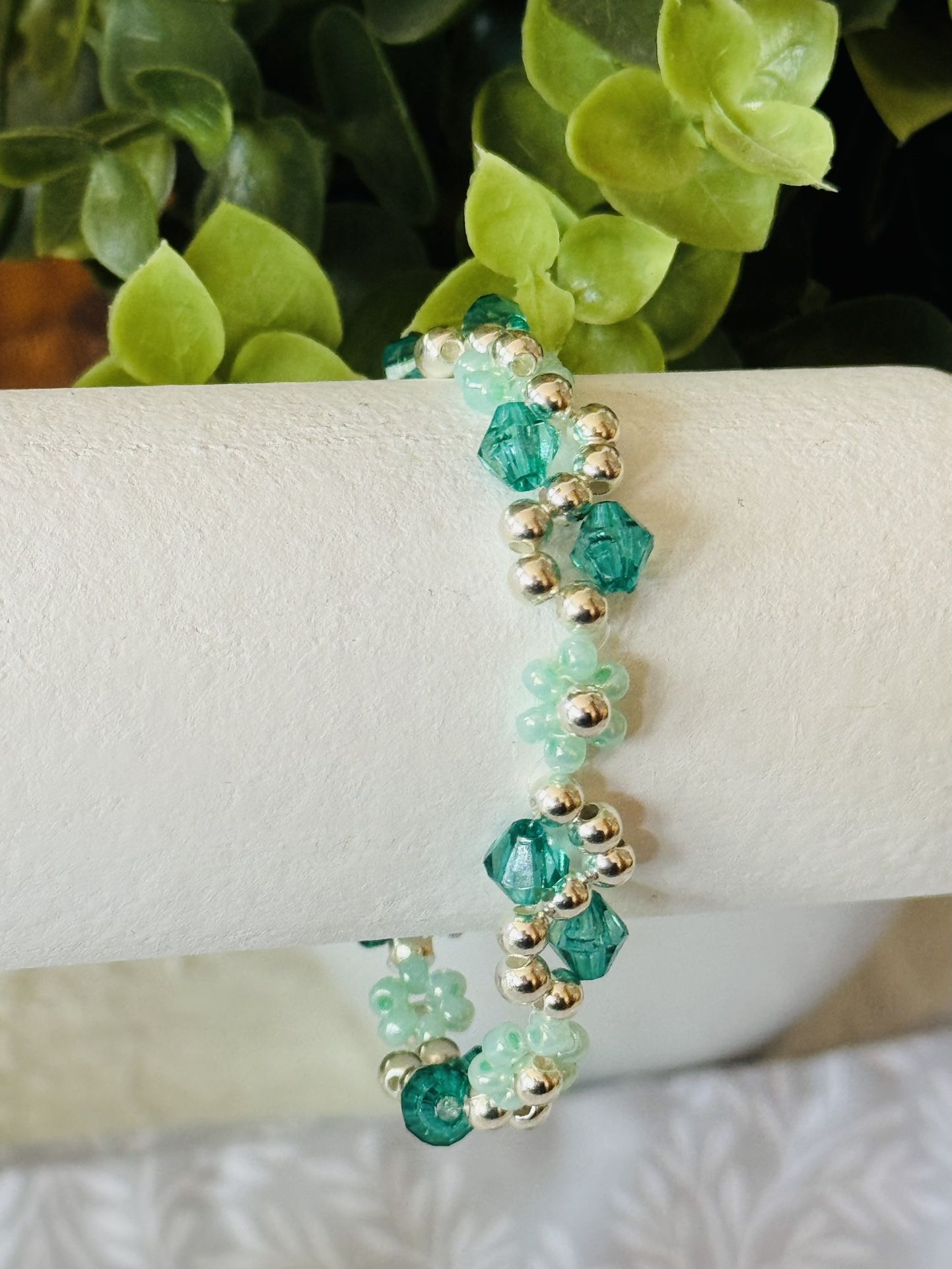 Silver Helix Vine and Green Flower Handmade Beaded Bracelet