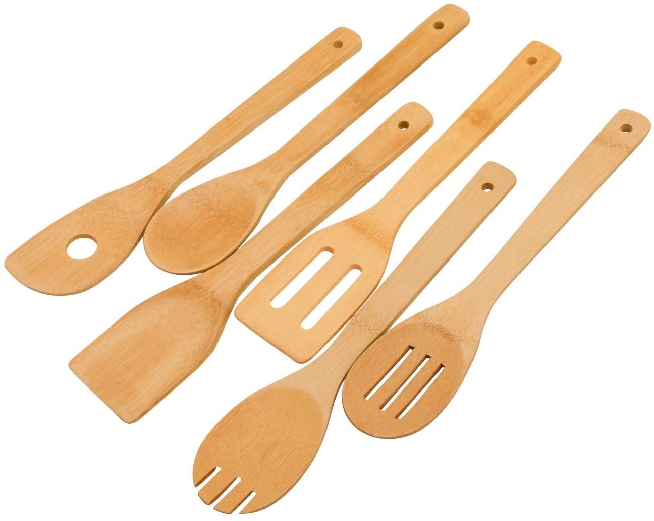 Wooden Spoons Cooking Utensils Set - 6 Pieces Bamboo Kitchen Spatulas for Non Stick Cookware