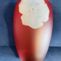 Mikasa, 12" Ellipse Vase. with Love. QP 216 630. Red with an etched white flower