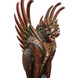 Carved Wood Balinese Singha Figure, Winged Lion Temple Guardian, Colorfully Painted, 49"h x 23"w 