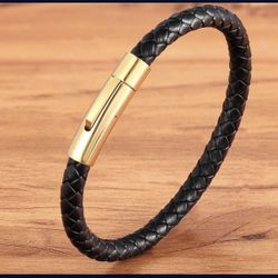 MEN BLACK LEATHER BRAIDED WRAP  BRACELET TRENDY ! GIFT 🎁 GOLD CLOSURE