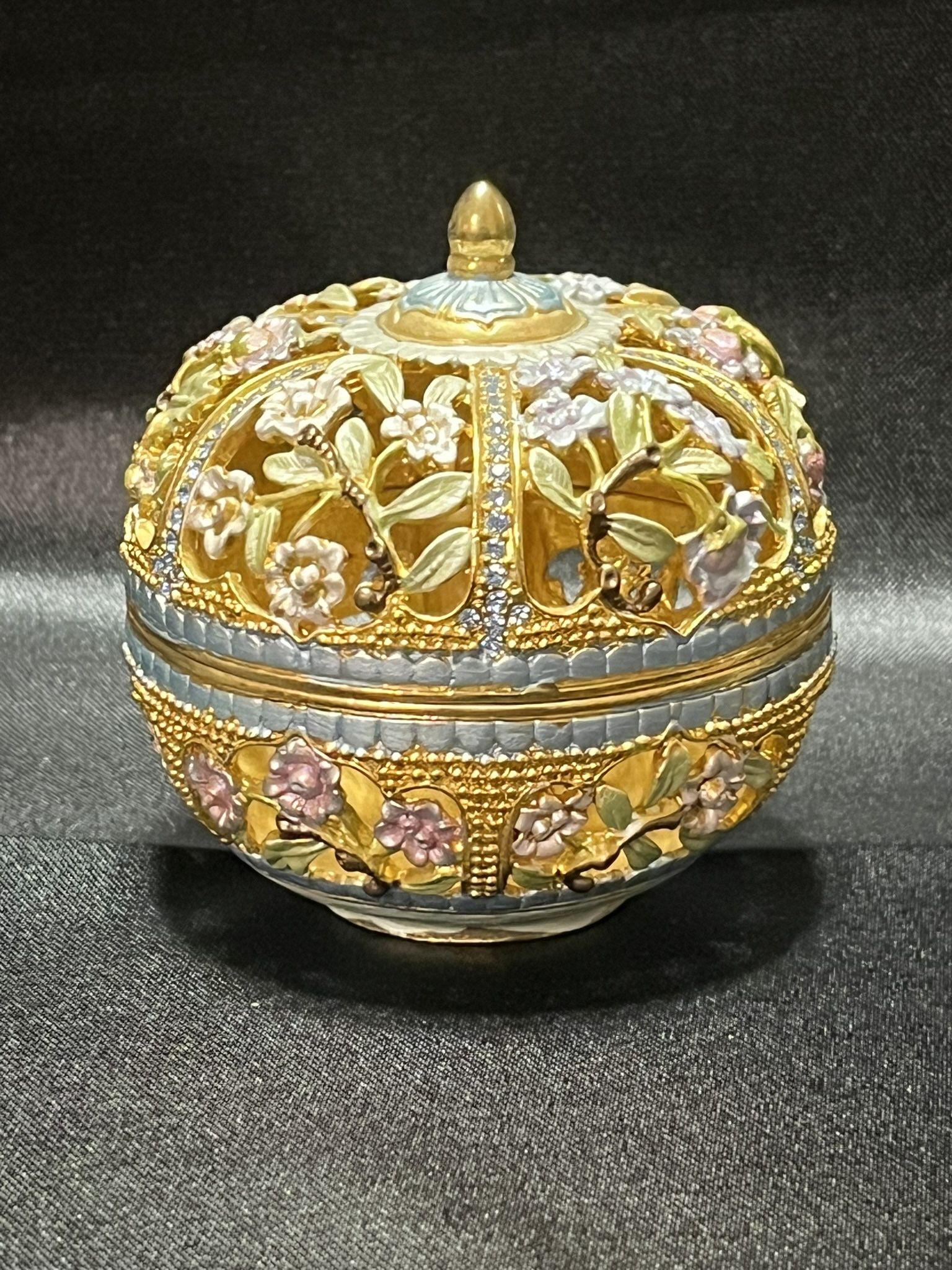 Vintage Pastel Swarovski Crystal Gold Enamel Floral Trinket Box