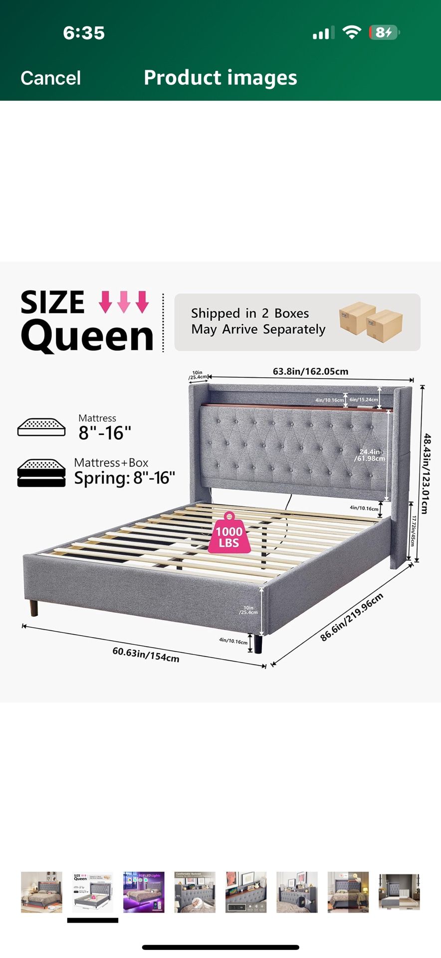 Queen Size Platform Bed Tufted Upholstered Bed Frame with Tall Headboard, Remote Control, LED Lights, Charging Station, Wooden Slats, No Box Spring Ne