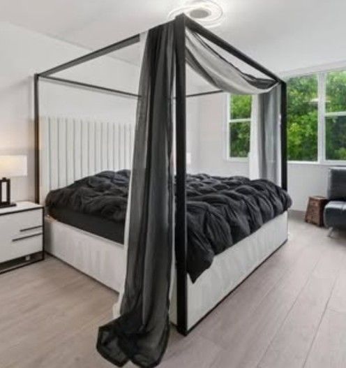 Cream Tessa Upholstered Metal Canopy Bed
