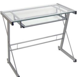 Metal and Glass Work From Home Laptop Computer Gaming Desk with Slide In Keyboard Tray Home Office, 31 Inch, Silver