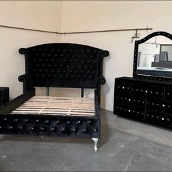 Black Velvet Bedroom Set 4 Pieces New Glam Set Bed Dresser Mirror Nightstand