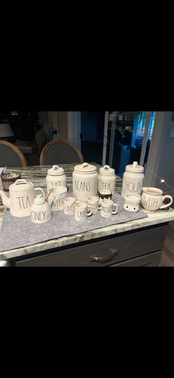 Lot of Rae Dunn coffee bar dishes