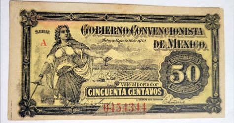 Vintage 50 Centavos small banknote issued by the Gobierno Convencionista de México during the Mexican Revolution