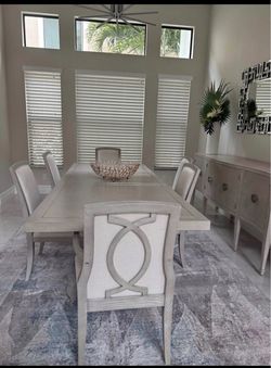 Baers Gray Wood Dining Table with 6 Chairs and buffet