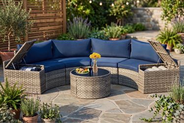 NEW HOME DEPOT 7PC Half-Moon Outdoor Wicker Sofa Curved Patio Conversation Set with Storage GREY