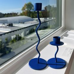 Vintage Set Of Blue Wavy Metal Candlesticks