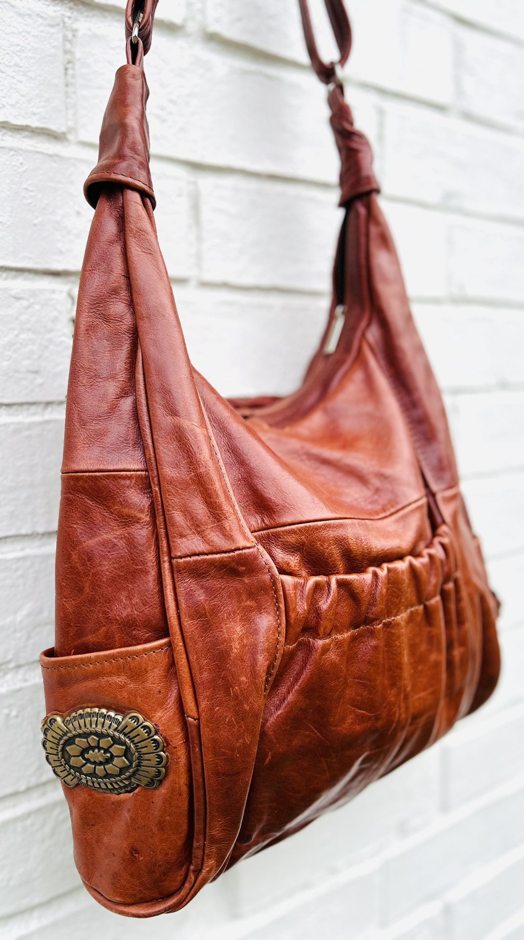 New All Brown Vachetta Leather Bag With Western Style Concho Pockets