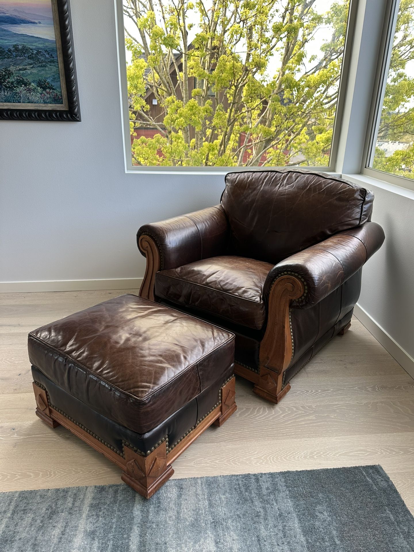 Leather Nailhead Arm Chair And Ottoman