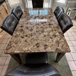Luxury Marble Dining Table with Real Leather Chairs - Like New For Sale 