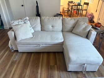 Cream L-Shaped Sleeper Sofa with Pull-Out Bed – $250