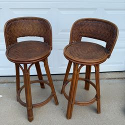 Vintage Coastal Woven Rattan Bar Stools Set Of 2