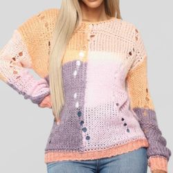 New Distressed Soft Lightweight Color Block Knit Sweater - Women’s Small (3/5)