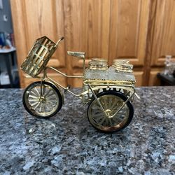 Vintage Miniature Bicycle Condiment Holder and Pair of Salt and Pepper Shakers and Toothpick Holder.  Cute table decoration.  Preowned.  
