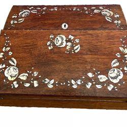 Antique Wood With Mother Of Pearl Inlayed Floral Design Traveling writing slope - 1800's