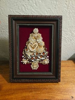 STUNNING Handcrafted Framed Christmas Tree Art Piece Made from Sparkling Vintage Costume Jewelry