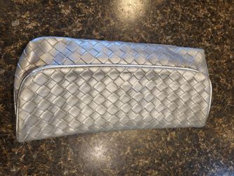Silver quilted cosmetic bag or evening bag, pink fabric interior