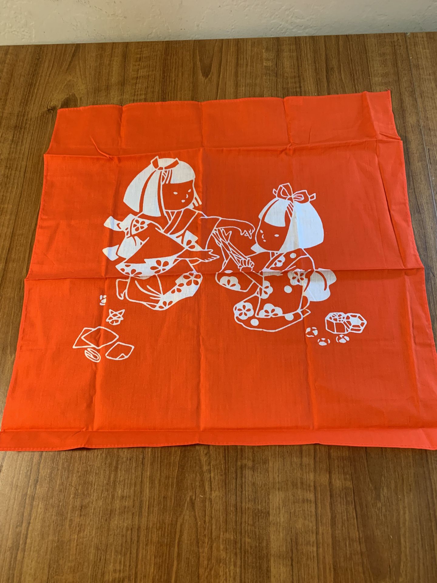 Vtg. Japanese Themed Cotton Orange Scarf 19”x19” Featuring Japanese Girls