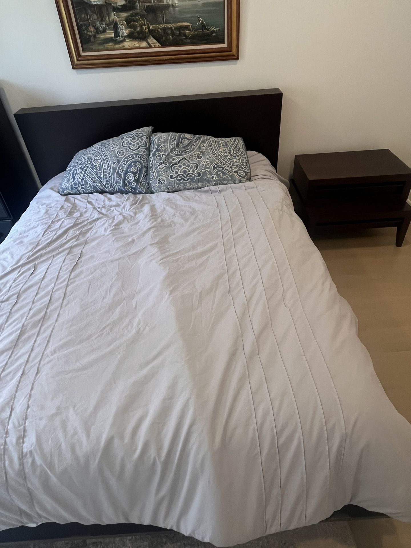 Queen Size Bed frame, Mattress, Side Table