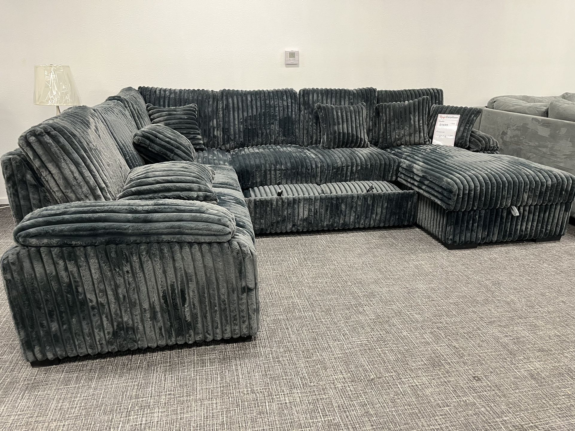 Dark Gray Sectional W/ Pullout Sleeper & Storage Chaise/ $10 EZ Down Payment Options