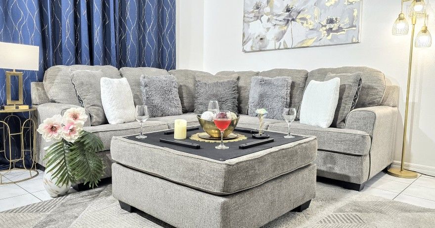 🆓🚚 XL 3 Piece Light Grey Ashley Furniture Sectional With Ottoman