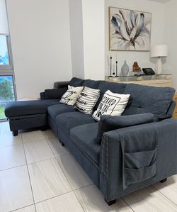 Navy Blue Sectional Sofa with Storage Chaise and Nailhead Trim