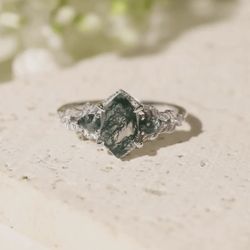 Moss Agate Ring 14k White Gold Vermeil