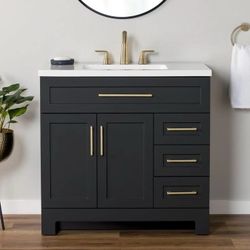 Instant Bathroom Upgrade: Sleek Black 36” Marble Top Vanity