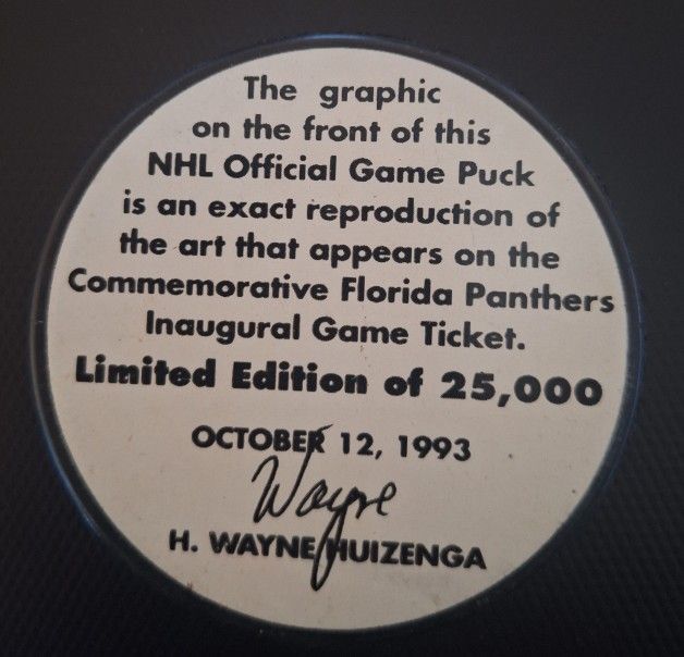 Vintage 1993 NHL Florida Panthers Limited Edition Commemorative Game Hockey Puck