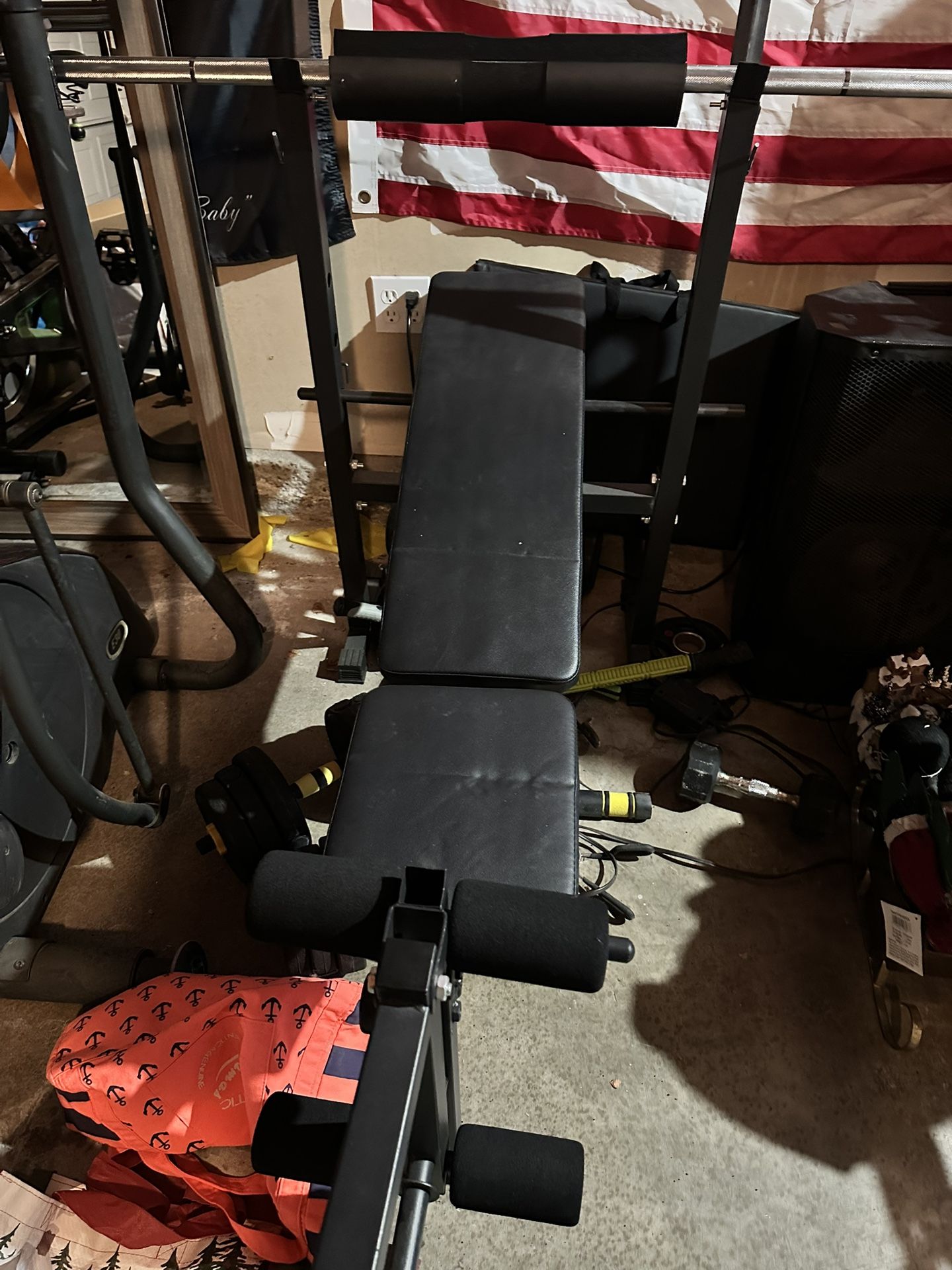 Weight Bench, Weights And 7’ Bar