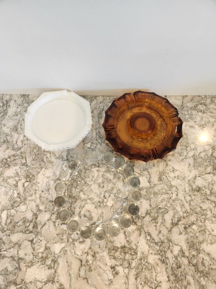 3 Vintage Heavy Fostoria Glass Ashtrays 8"