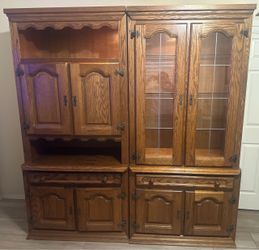 Imported English Oak Wall Unit / 2-Piece Modular China Hutch & Display Cabinet